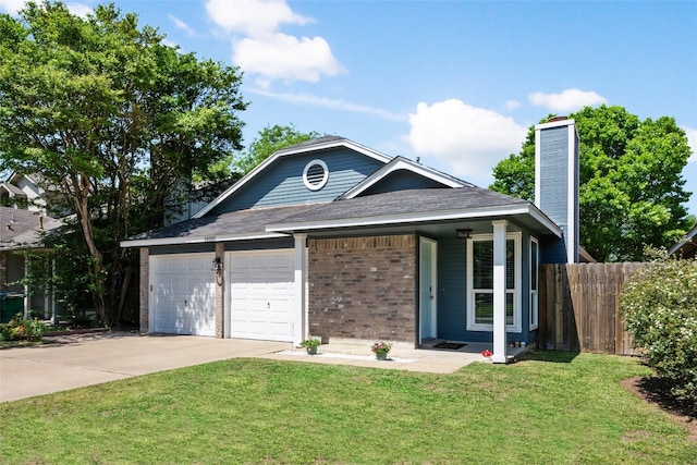 single story home featuring a garage, driveway, brick siding, a shingled roof, and covered porch