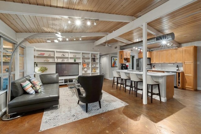 2301 Westway Cir, Austin, TX 78704 - living area with wood ceiling and track lighting