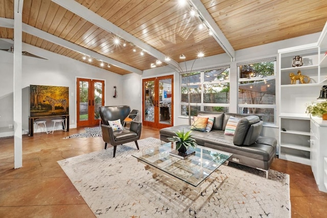 2301 Westway Cir, Austin, TX 78704 - living area with french doors, wooden ceiling, and baseboards