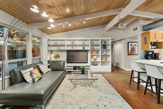 2301 Westway Cir, Austin, TX 78704 - living room with wooden ceiling, concrete floors, and baseboards