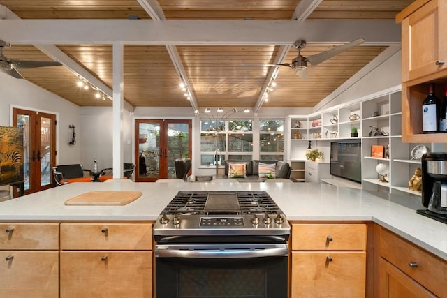 2301 Westway Cir, Austin, TX 78704 - kitchen featuring french doors, gas range, wood ceiling, light countertops, and a peninsula
