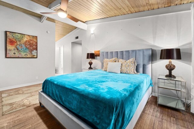 2301 Westway Cir, Austin, TX 78704 - bedroom with baseboards, wood-type flooring, ceiling fan, and wooden ceiling