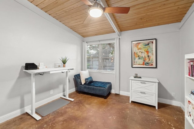2301 Westway Cir, Austin, TX 78704 - sitting room featuring concrete floors, wooden ceiling, ceiling fan, and baseboards