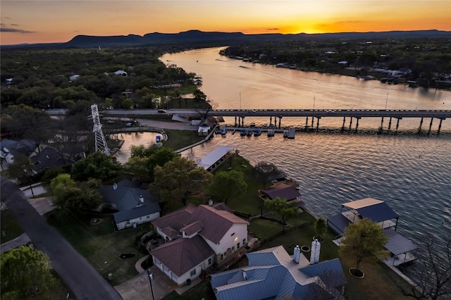 202 Bridgepoint Dr, Kingsland, TX 78639 - aerial overview of property's location with a water and mountain view and a notable bridge