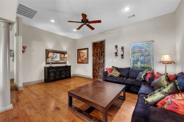 202 Bridgepoint Dr, Kingsland, TX 78639 - living area featuring decorative columns, ceiling fan, light wood-style floors, recessed lighting, and baseboards