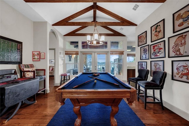202 Bridgepoint Dr, Kingsland, TX 78639 - rec room with wood finished floors, a chandelier, beam ceiling, french doors, and high vaulted ceiling