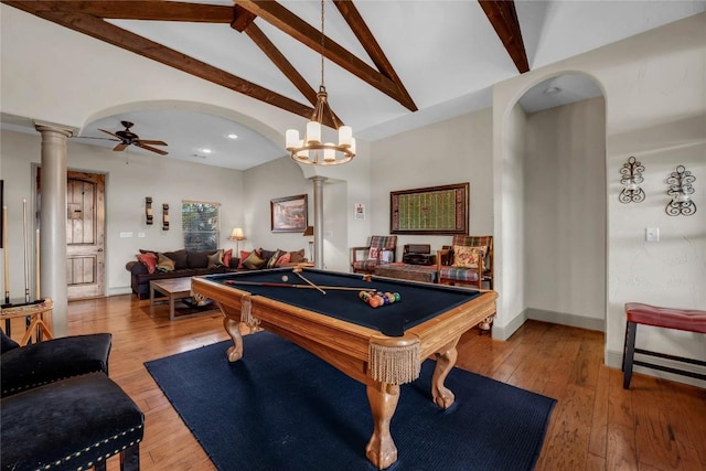 202 Bridgepoint Dr, Kingsland, TX 78639 - recreation room with ornate columns, beamed ceiling, ceiling fan, hardwood / wood-style flooring, and pool table