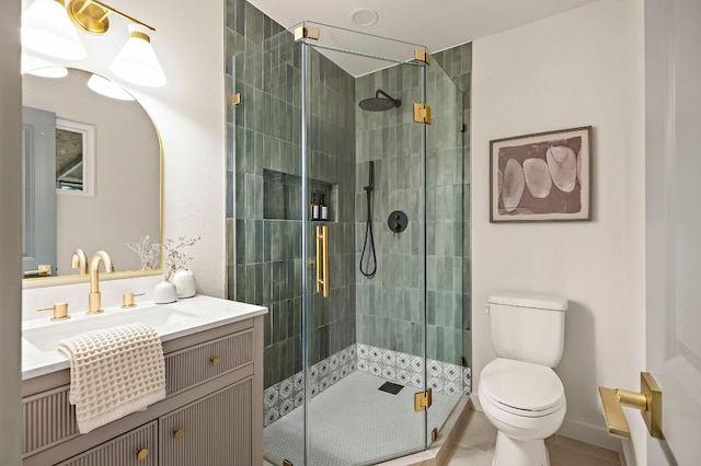7614 Watson St, Austin, TX 78757 - bathroom with toilet, vanity, a stall shower, and tile patterned flooring