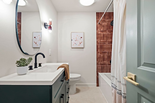 7614 Watson St, Austin, TX 78757 - bathroom featuring vanity, toilet, shower / bath combination with curtain, tile patterned flooring, and baseboards