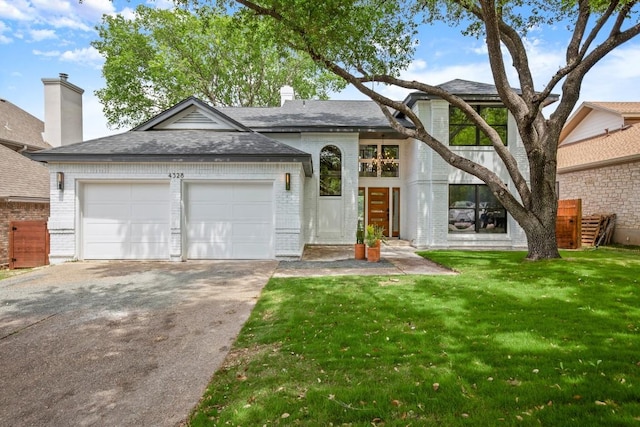 4328 Far W Blvd, Austin, TX 78731 - view of front of property featuring roof with shingles, a front lawn, brick siding, a garage, and aphalt driveway