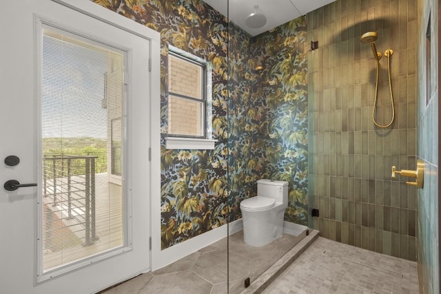 4328 Far W Blvd, Austin, TX 78731 - bathroom with tile patterned floors, walk in shower, wallpapered walls, and toilet