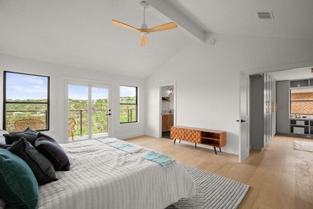 4328 Far W Blvd, Austin, TX 78731 - bedroom featuring visible vents, beam ceiling, high vaulted ceiling, light wood finished floors, and access to outside