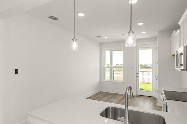 2031 Cora Ivy Ln, Round Rock, TX 78665 - kitchen with a sink, stainless steel appliances, baseboards, light wood-type flooring, and white cabinets