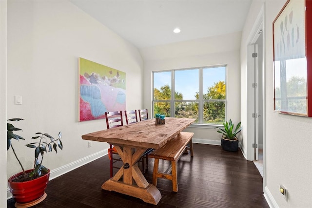 dining space with baseboards, dark wood-style flooring, and recessed lighting