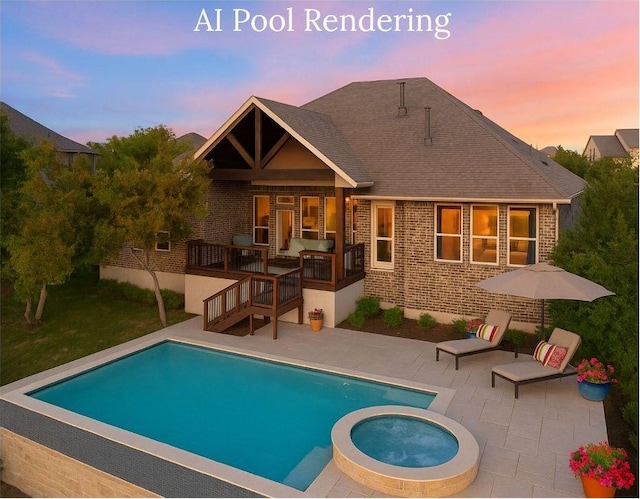 rear view of house with brick siding, a patio area, stairs, a pool with connected hot tub, and a wooden deck