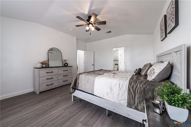bedroom with visible vents, baseboards, ceiling fan, wood finished floors, and lofted ceiling