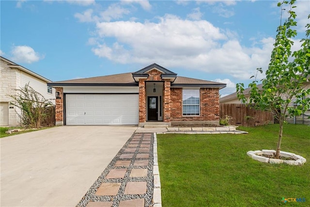 ranch-style house with a garage, fence, a front lawn, brick siding, and concrete driveway