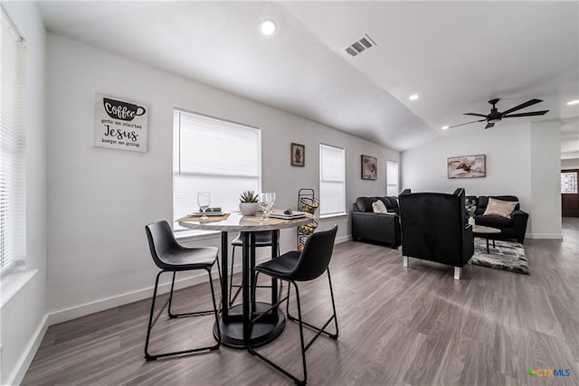 dining space with ceiling fan, visible vents, recessed lighting, wood finished floors, and baseboards