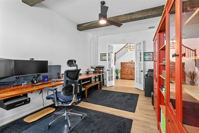 1890 Headwaters Blvd, Dripping Springs, TX 78620 - home office with french doors, light wood-style flooring, beam ceiling, and ceiling fan