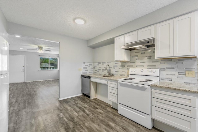 317 W William Cannon Dr B, Unit A, Austin, TX 78745 - kitchen featuring white range with electric cooktop, under cabinet range hood, stainless steel dishwasher, a textured ceiling, and ceiling fan