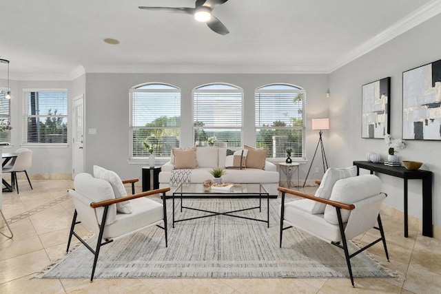 6611 Yaupon Dr, Austin, TX 78759 - living room featuring crown molding, healthy amount of natural light, ceiling fan, and tile patterned floors