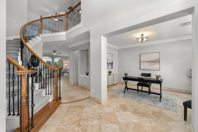 6611 Yaupon Dr, Austin, TX 78759 - office space with ornamental molding, a ceiling fan, and a high ceiling