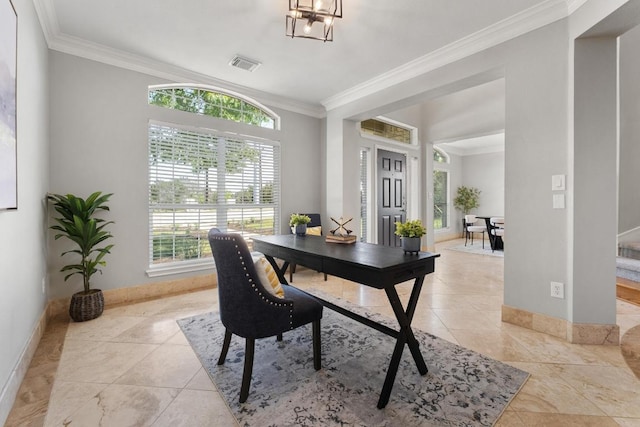 6611 Yaupon Dr, Austin, TX 78759 - office area featuring crown molding and light tile patterned floors