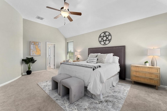 6611 Yaupon Dr, Austin, TX 78759 - bedroom featuring light colored carpet, lofted ceiling, and ceiling fan