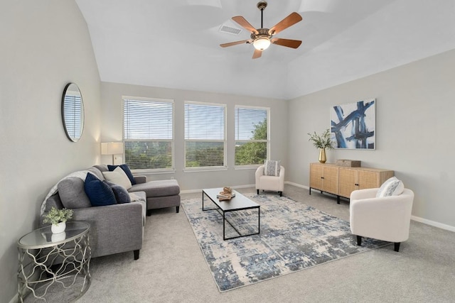 6611 Yaupon Dr, Austin, TX 78759 - living room with carpet, lofted ceiling, and a ceiling fan