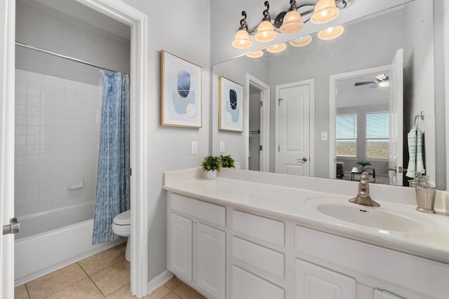 6611 Yaupon Dr, Austin, TX 78759 - full bath with vanity, tile patterned floors, shower / bath combo with shower curtain, a chandelier, and ceiling fan