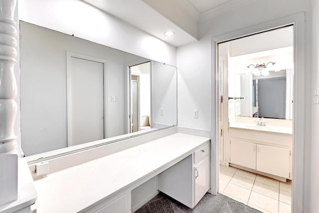 1700 Barton Hills Dr, Austin, TX 78704 - bathroom with vanity, ornamental molding, tile patterned floors, and recessed lighting
