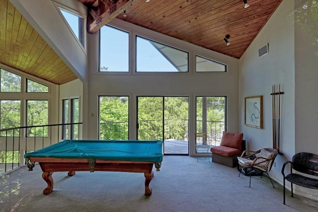 8200 Neely Dr Unit 103, Austin, TX 78759 - recreation room featuring high vaulted ceiling, wood ceiling, carpet floors, plenty of natural light, and pool table