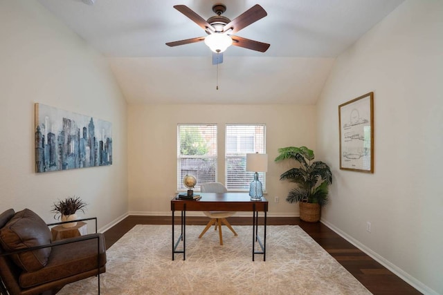 3610 Turkey Path Bnd, Cedar Park, TX 78613 - home office featuring a ceiling fan, dark wood-type flooring, and vaulted ceiling