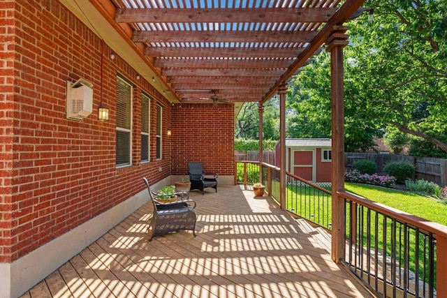 3610 Turkey Path Bnd, Cedar Park, TX 78613 - fenced backyard featuring a storage shed, a pergola, an AC wall unit, and a deck