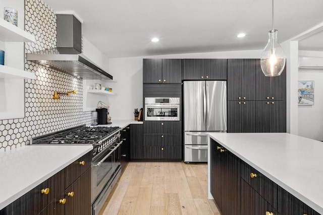 104 Westhaven Dr, West Lake Hills, TX 78746 - kitchen with appliances with stainless steel finishes, open shelves, light countertops, light wood-type flooring, and wall chimney exhaust hood