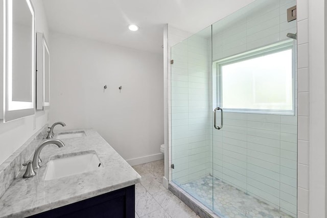 104 Westhaven Dr, West Lake Hills, TX 78746 - full bath featuring double vanity, a stall shower, and recessed lighting