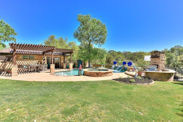 view of pool featuring a pergola, a pool with connected hot tub, a yard, a patio, and an outdoor stone fireplace