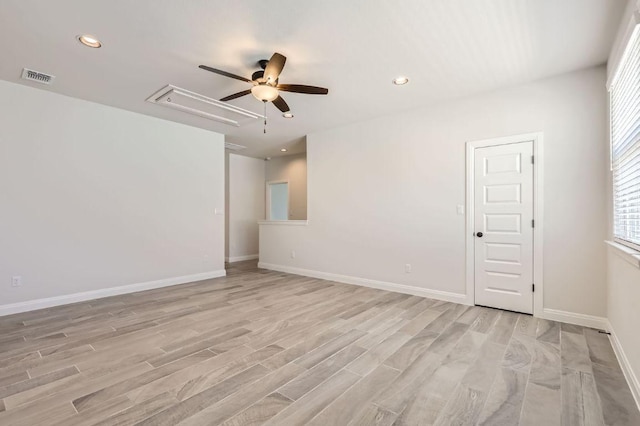 unfurnished room featuring visible vents, ceiling fan, recessed lighting, and light wood-style floors