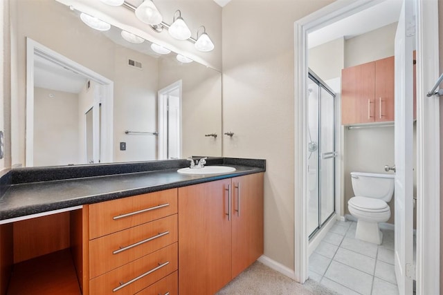 bathroom with visible vents, toilet, a shower stall, vanity, and tile patterned floors