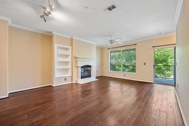 unfurnished living room with ceiling fan, visible vents, hardwood / wood-style floors, baseboards, and built in shelves