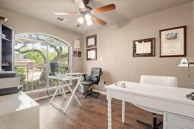 office area featuring baseboards, dark wood-style flooring, visible vents, and a ceiling fan