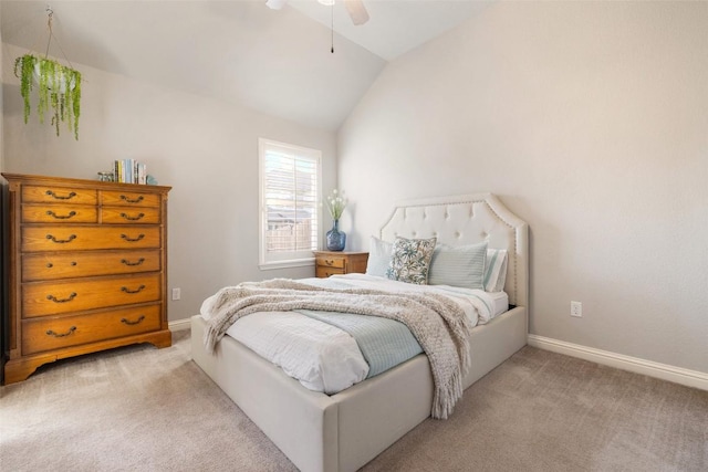 1218 Swenson Farms Blvd, Pflugerville, TX 78660 - bedroom featuring light carpet, lofted ceiling, baseboards, and a ceiling fan