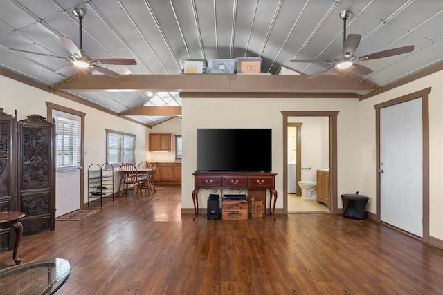 459 Mcallister Rd, Bastrop, TX 78602 - living area featuring ceiling fan, lofted ceiling, wood finished floors, and baseboards