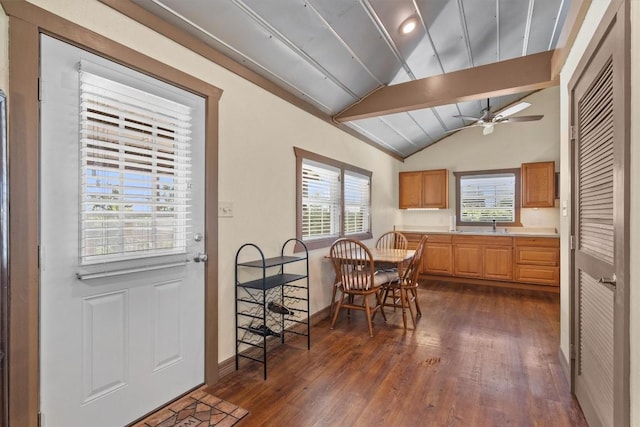 459 Mcallister Rd, Bastrop, TX 78602 - dining space featuring vaulted ceiling, dark wood finished floors, and ceiling fan