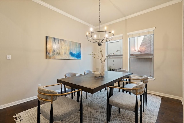 dining room with a chandelier, crown molding, baseboards, and dark wood finished floors