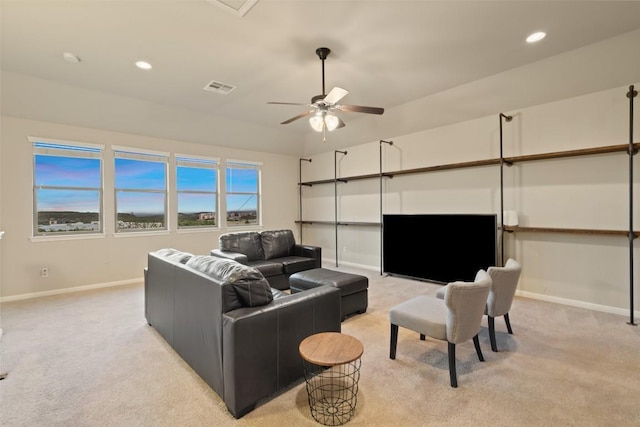 4105 Gandara Bnd, Austin, TX 78738 - living area featuring baseboards, light colored carpet, a ceiling fan, and recessed lighting