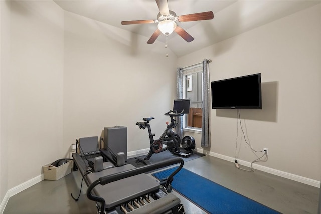 4105 Gandara Bnd, Austin, TX 78738 - exercise area with baseboards, ceiling fan, and lofted ceiling
