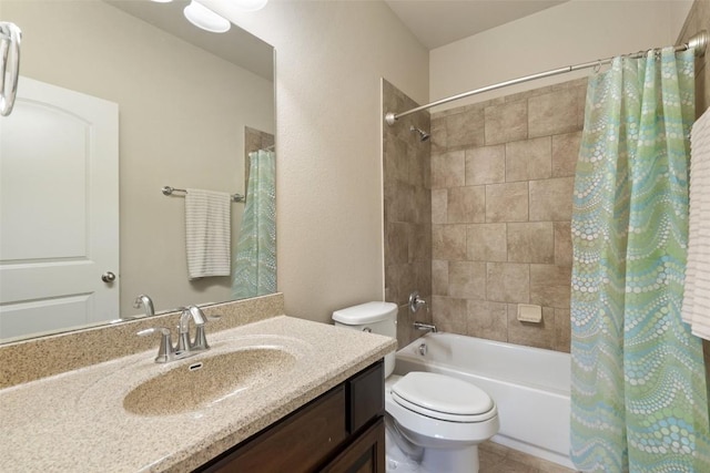 bathroom featuring vanity, shower / bath combination with curtain, and toilet