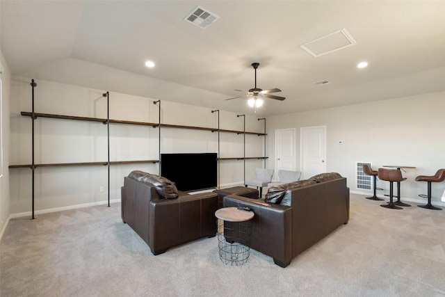 4105 Gandara Bnd, Austin, TX 78738 - living room featuring baseboards, light carpet, a ceiling fan, and recessed lighting