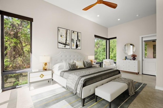 500 Laurel Valley Rd, West Lake Hills, TX 78746 - bedroom with multiple windows, concrete floors, ceiling fan, and recessed lighting